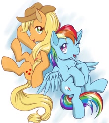 Size: 600x683 | Tagged: safe, artist:kudamono-yukiblue, derpibooru import, applejack, rainbow dash, earth pony, pegasus, pony, duo, female, looking at you, mare, one eye closed, open mouth, pixiv, smiling