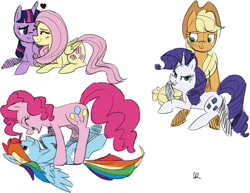 Size: 1017x786 | Tagged: safe, artist:pandaamanda11, derpibooru import, applejack, fluttershy, pinkie pie, rainbow dash, rarity, twilight sparkle, twilight sparkle (alicorn), alicorn, earth pony, pegasus, pony, unicorn, cuddling, female, heart, laughing, lesbian, nuzzling, on back, pinkiedash, prone, rarijack, shipping, simple background, smiling, twishy, white background