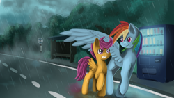 Size: 2560x1440 | Tagged: safe, artist:ailynd, derpibooru import, rainbow dash, scootaloo, pegasus, pony, cute, dark, female, mare, rain, scenery, scootalove, sign, street, tree, vending machine, wing umbrella