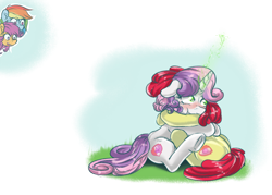 Size: 1400x1000 | Tagged: safe, artist:redheadfly, derpibooru import, apple bloom, rainbow dash, scootaloo, sweetie belle, pegasus, pony, unicorn, blushing, cutie mark crusaders, female, glowing horn, grass, hug, lesbian, magic, mare, older, shipping, sitting, sweetiebloom, underhoof