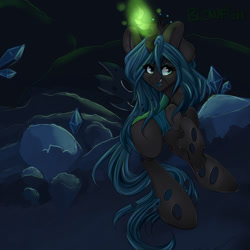 Size: 1500x1500 | Tagged: dead source, safe, artist:blowfishartist, queen chrysalis, changeling, changeling queen, female, glowing horn, horn, magic, open mouth, smiling, solo