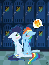 Size: 768x1024 | Tagged: safe, artist:ilaria122, derpibooru import, rainbow dash, soarin', spitfire, pegasus, pony, anatomically incorrect, backwards cutie mark, embarrassed, female, incorrect leg anatomy, male, shipper on deck, shipping, soarindash, spitfire the shipper, straight