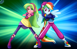 Size: 2260x1428 | Tagged: safe, artist:liniitadash23, derpibooru import, lemon zest, rainbow dash, dance magic, equestria girls, spoiler:eqg specials, clothes, converse, crossed arms, duo, female, hat, looking at you, ponied up, rapper dash, shoes, sneakers, wings