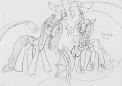 Size: 1063x751 | Tagged: safe, artist:oliverthepanda, artist:poldekpl, discord, nightmare moon, queen chrysalis, changeling, changeling queen, accessory swap, antagonist, derp, monochrome, pencil drawing, traditional art