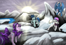 Size: 5795x3995 | Tagged: safe, artist:vinicius040598, double diamond, night glider, party favor, starlight glimmer, pony, unicorn, fight, scene interpretation, sunrise