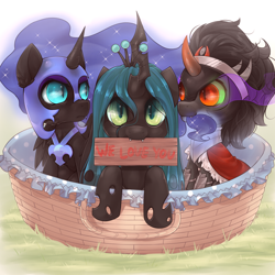 Size: 6000x6000 | Tagged: safe, artist:missangest, king sombra, nightmare moon, queen chrysalis, alicorn, changeling, changeling queen, pony, unicorn, absurd resolution, adoption, antagonist, basket, chibi, chwisalis, colt, colt sombra, cute, cutealis, dark magic, english, eye contact, fangs, female, filly, horn, leaning, looking at you, looking back, magic, male, moonabetes, mouth hold, nightmare woon, nom, sign, smiling, sombra eyes, sombradorable, tail bite, younger
