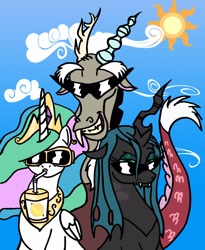 Size: 1661x2029 | Tagged: safe, artist:dragonblood6400, discord, princess celestia, queen chrysalis, alicorn, changeling, changeling queen, draconequus, pony, badass, drink, sunglasses