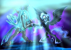 Size: 1680x1189 | Tagged: safe, artist:lintion, artist:littledolphin, nightmare moon, queen chrysalis, changeling, changeling queen, collaboration, light, open mouth, rearing, spread wings, unshorn fetlocks