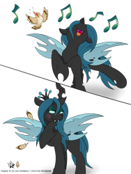 Size: 3000x4000 | Tagged: safe, artist:joey darkmeat, artist:wodahseht, color edit, queen chrysalis, bird, changeling, changeling queen, nymph, :3, :t, absurd resolution, adoracreepy, bedroom eyes, blushing, creepy, cute, cutealis, dark comedy, eaten alive, eating, fangs, feather, female, music notes, nose in the air, open mouth, predation, raised hoof, raised leg, simple background, singing, smiling, solo, transparent background, vore, younger