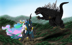 Size: 4918x3137 | Tagged: safe, artist:kaijukid, artist:kingshisa08, princess celestia, queen chrysalis, alicorn, changeling, changeling queen, kaiju, pony, celestizilla, chrysabuse, crossover, fight, giant pony, godzilla, godzilla (series), godzillestia, mythology gag