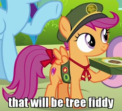 Size: 620x566 | Tagged: safe, derpibooru import, edit, edited screencap, screencap, rainbow dash, scootaloo, sweetie belle, pegasus, pony, 28 pranks later, cutie mark, filly guides, image macro, loch ness monster, meme, outfit catalog, south park, the cmc's cutie marks, tree fiddy