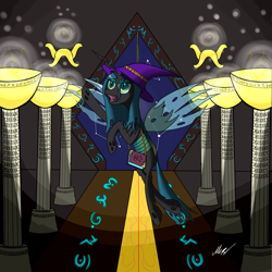 Size: 2000x2000 | Tagged: safe, artist:soveno, queen chrysalis, changeling, changeling queen, glyph, hat, magic, solo, young