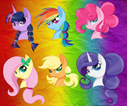 Size: 2331x1947 | Tagged: safe, artist:twistedmindbrony, derpibooru import, applejack, fluttershy, pinkie pie, rainbow dash, rarity, twilight sparkle, earth pony, pegasus, pony, unicorn, alternate hairstyle, bust, mane six, pigtails, portrait