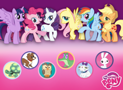 Size: 720x531 | Tagged: safe, derpibooru import, angel bunny, applejack, fluttershy, gummy, opalescence, owlowiscious, pinkie pie, rainbow dash, rarity, tank, twilight sparkle, twilight sparkle (alicorn), winona, alicorn, earth pony, pegasus, pony, unicorn, female, mane six, mare, my little pony logo, official, stock vector