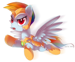 Size: 1034x859 | Tagged: dead source, safe, artist:si1vr, derpibooru import, rainbow dash, pegasus, pony, armor, helmet, open mouth, simple background, solo, spread wings, white background, wings