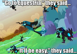 Size: 715x509 | Tagged: safe, edit, edited screencap, screencap, queen chrysalis, changeling, changeling queen, a canterlot wedding, badlands, blasting off again, equestria, falling, female, image macro, meme, mountain, peridot (steven universe), river, steven universe