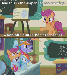 Size: 1280x1440 | Tagged: safe, derpibooru import, edit, edited screencap, editor:eagle1division, screencap, bow hothoof, rainbow dash, scootaloo, windy whistles, pegasus, pony, parental glideance, chalkboard, classroom, comic, concerned, dialogue, diaper, embarrassed, fans, flag, hat, leaning, notebook, rainbow dash's parents, reality ensues, scrapbook, too much information, why, wide eyes