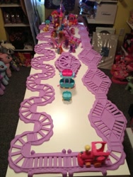 Size: 720x960 | Tagged: safe, artist:ramivic, derpibooru import, derpy hooves, pinkie pie, rainbow dash, pony, build-a-bear, canterlot, castle, collection, friendship express, irl, photo, plushie, toy, tracks, train