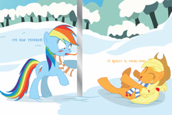 Size: 1024x683 | Tagged: safe, artist:dr-whiskey, derpibooru import, applejack, rainbow dash, earth pony, pegasus, pony, applejerk, blushing, clothes, frozen, laughing, pole, prank, scarf, stuck, tongue out, tongue stuck to pole, wingless, winter