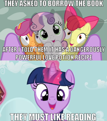 Size: 768x864 | Tagged: safe, derpibooru import, edit, edited screencap, screencap, apple bloom, scootaloo, sweetie belle, twilight sparkle, hearts and hooves day (episode), caption, comic, cutie mark crusaders, hearts and hooves day, oblivious, screencap comic