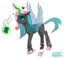 Size: 3012x2739 | Tagged: safe, artist:8bitamy, queen chrysalis, changeling, changeling queen, spider, clothes, coffee, female, hat, levitation, magic, morning ponies, mug, nightcap, slippers, solo, spider web, spread wings, tired