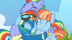 Size: 1920x1080 | Tagged: safe, derpibooru import, screencap, bow hothoof, rainbow dash, windy whistles, pegasus, pony, parental glideance, clothes, eyes closed, happy, hug, rainbow dash's parents, smiling, uniform, wonderbolts uniform