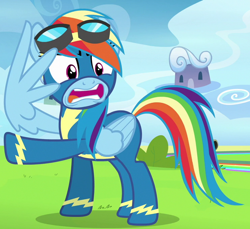 Size: 740x678 | Tagged: safe, derpibooru import, screencap, rainbow dash, pegasus, pony, parental glideance, clothes, cropped, female, goggles, mare, raised hoof, solo, uniform, wonderbolts uniform