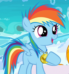 Size: 1000x1080 | Tagged: safe, derpibooru import, screencap, rainbow dash, pegasus, pony, parental glideance, cropped, cute, dashabetes, female, filly, filly rainbow dash, gold medal, happy, hnnng, medal, open mouth, smiling, solo, weapons-grade cute, younger