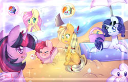 Size: 1024x655 | Tagged: safe, artist:twily-star, derpibooru import, applejack, fluttershy, pinkie pie, rainbow dash, rarity, twilight sparkle, twilight sparkle (alicorn), alicorn, earth pony, pegasus, pony, unicorn, beach, cloud, mane six, sunglasses, umbrella, watermark