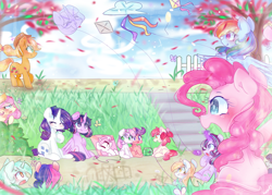 Size: 1530x1098 | Tagged: safe, artist:windymils, derpibooru import, apple bloom, applejack, bon bon, derpy hooves, fluttershy, lyra heartstrings, pinkie pie, princess celestia, rainbow dash, rarity, scootaloo, starlight glimmer, sweetie belle, sweetie drops, twilight sparkle, twilight sparkle (alicorn), alicorn, earth pony, pegasus, pony, unicorn, cutie mark crusaders, kite, kite flying, mane six, pink-mane celestia, sitting