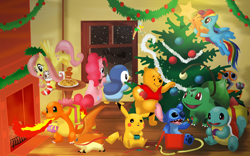 Size: 1920x1200 | Tagged: safe, artist:clophil, derpibooru import, fluttershy, pinkie pie, rainbow dash, scootaloo, earth pony, pegasus, pikachu, pony, 101 dalmatians, bulbasaur, charmander, christmas, crossover, dalmatian, digimon, disney, gingerbread man, lilo and stitch, patamon, piplup, pokémon, santa claus, shrek, squirtle, stitch, tinkerbell, wall-e, winnie the pooh