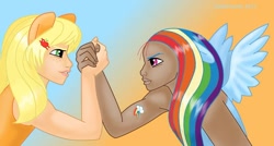 Size: 900x483 | Tagged: safe, artist:snakehands, derpibooru import, applejack, rainbow dash, human, dark skin, eared humanization, humanized, light skin, winged humanization