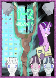 Size: 1700x2338 | Tagged: safe, artist:sadlylover, double diamond, party favor, starlight glimmer, sugar belle, pony, unicorn, the cutie map, cutie mark vault, equalized, magic, s5 starlight, staff, staff of sameness, stalin glimmer