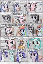 Size: 2298x3408 | Tagged: safe, artist:40kponyguy, derpibooru exclusive, derpibooru import, octavia melody, rainbow dash, rarity, twilight sparkle, twilight sparkle (alicorn), alicorn, human, pony, 40kponyguy's the staff of aurelian, blatant lies, comic, crossover, traditional art, warhammer (game), warhammer 40k