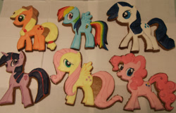 Size: 1114x717 | Tagged: safe, artist:iyabrony, derpibooru import, applejack, fluttershy, pinkie pie, rainbow dash, rarity, twilight sparkle, earth pony, pegasus, pony, unicorn, cookie, food, mane six, photo