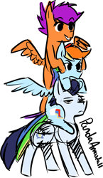 Size: 1375x2374 | Tagged: safe, artist:pandaamanda11, derpibooru import, rainbow dash, scootaloo, soarin', pegasus, pony, ponies riding ponies, ponies riding ponies riding ponies, pony pile, simple background, soarindash, tower of pony, unamused, white background