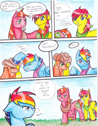 Size: 2552x3296 | Tagged: safe, artist:tristanjsolarez, derpibooru import, applejack, big macintosh, rainbow dash, tex, earth pony, pegasus, pony, comic:trans ponies, high res, male, stallion, traditional art