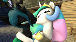 Size: 1024x576 | Tagged: artist needed, safe, princess celestia, queen chrysalis, alicorn, changeling, changeling queen, pony, 3d, bedroom eyes, chryslestia, female, kissing, lesbian, shipping, source filmmaker