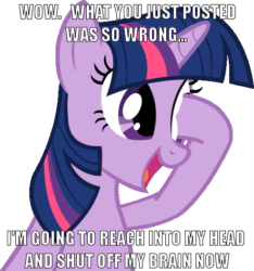 Size: 493x527 | Tagged: safe, derpibooru import, twilight sparkle, eye poke, image macro, pinkie pie swear, pinkie promise