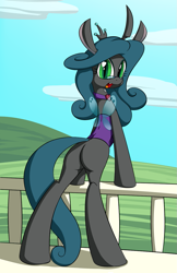 Size: 825x1275 | Tagged: safe, artist:firebrandkun, queen chrysalis, reversalis, changeling, changeling queen, spoiler:comic, balcony, bugbutt, dark mirror universe, leaning, looking back, plot, solo