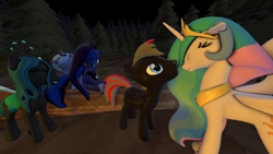 Size: 1920x1080 | Tagged: safe, princess celestia, princess luna, queen chrysalis, oc, oc:sentrie gun, alicorn, changeling, changeling queen, pony, 3d, camping, filly, group, self ponidox, woona