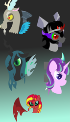 Size: 1631x2848 | Tagged: safe, artist:princessluna94, discord, king sombra, queen chrysalis, starlight glimmer, sunset satan, sunset shimmer, changeling, changeling queen, pony, antagonist, ponified