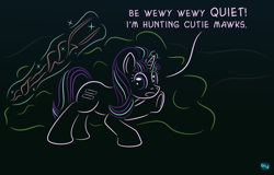 Size: 720x460 | Tagged: safe, artist:quint-t-w, starlight glimmer, pony, unicorn, the cutie map, crossover, dialogue, elmer fudd, gradient background, looney tunes, s5 starlight, solo, staff, staff of sameness