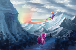 Size: 1200x800 | Tagged: safe, artist:kallarmo, derpibooru import, pinkie pie, rainbow dash, earth pony, pegasus, pony, female, flying, mare, mountain, pronking, rainbow trail, scenery, scenery porn