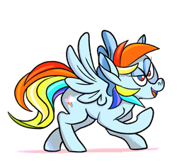 Size: 6750x6199 | Tagged: safe, artist:docwario, derpibooru import, rainbow dash, pegasus, pony, absurd resolution, colored pupils, female, lidded eyes, mare, multicolored hair, open mouth, raised hoof, simple background, smiling, solo, spread wings, white background, wings