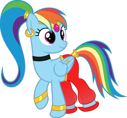 Size: 6882x6400 | Tagged: safe, artist:parclytaxel, derpibooru import, rainbow dash, pegasus, pony, .svg available, absurd resolution, ain't never had friends like us, alternate hairstyle, armband, circlet, clothes, collar, ear piercing, earring, feather ring, female, gem, genie, jewelry, leg brace, looking back, mare, piercing, ponytail, rainbow dash always dresses in style, ring, shantae, shantae (character), shoes, simple background, smiling, solo, tail wrap, transparent background, vector, wing jewelry