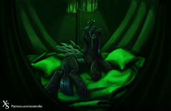 Size: 1000x649 | Tagged: safe, artist:xenstroke, queen chrysalis, changeling, changeling queen, female, green eyes, horn, solo