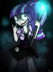 Size: 406x553 | Tagged: safe, artist:twilytrinky, starlight glimmer, human, the cutie map, cleavage, clothes, cutie mark vault, female, humanized, insanity, s5 starlight, skirt, slasher smile, snaplight glimmer, solo, staff, staff of sameness