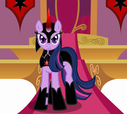 Size: 4116x3688 | Tagged: safe, artist:astringe, derpibooru import, twilight sparkle, pony, unicorn, armor, bad future, bad future crusaders (fic), canterlot castle, corrupted element of harmony, corrupted element of magic, curved horn, darth twilight, evil, horn, slit eyes, solo, sombra horn, twilight is anakin, tyrant sparkle