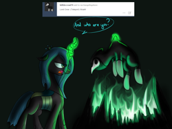 Size: 1200x900 | Tagged: safe, artist:xxmarkingxx, queen chrysalis, oc, changeling, changeling queen, nochangelingshere, ask, magic, tumblr